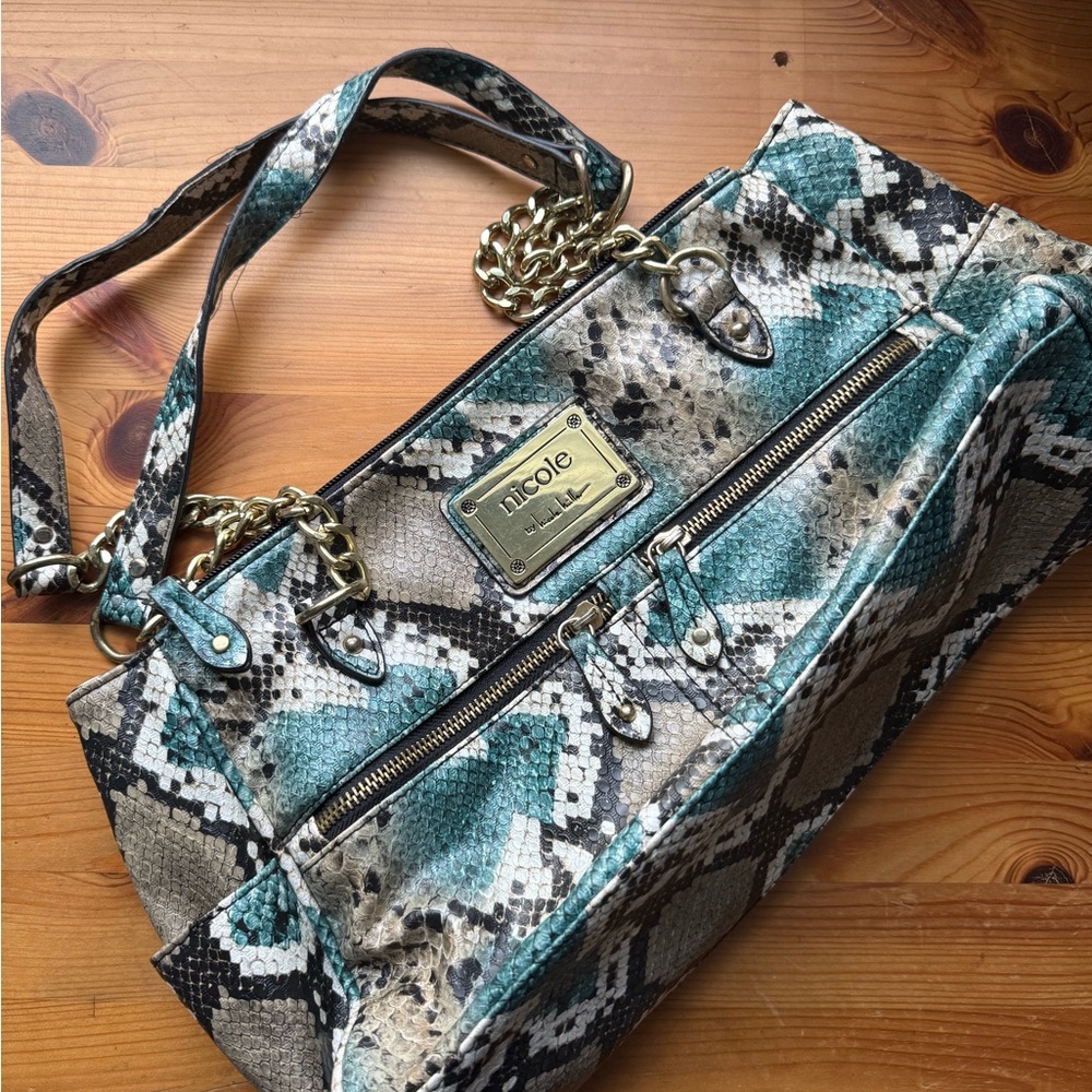 Nicole Miller Teal and Beige Snake Print Shoulder Bag with gold accent.